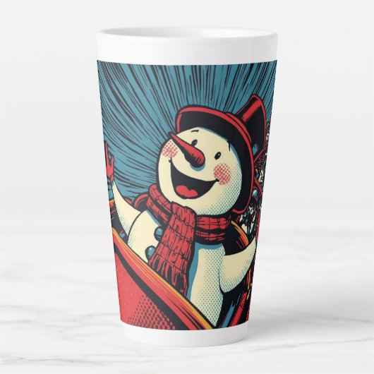 Schneemann genießt eine Rolle Untersetzer reiten. Milchtasse (Vorderseite)