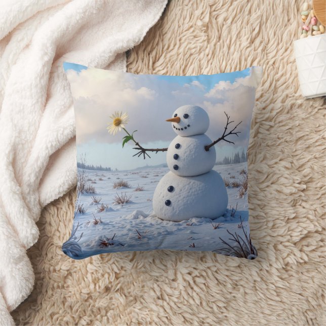Schneemann hält eine weiße Gänseblümchen Kissen (Decke)