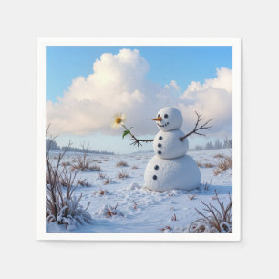 Schneemann hält eine weiße Gänseblümchen Serviette