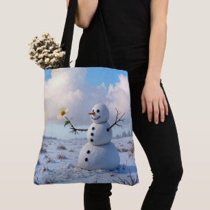 Schneemann hält eine weiße Margerite Tasche