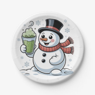 Schneemann hält Matcha-Getränk Weihnachten  Pappteller
