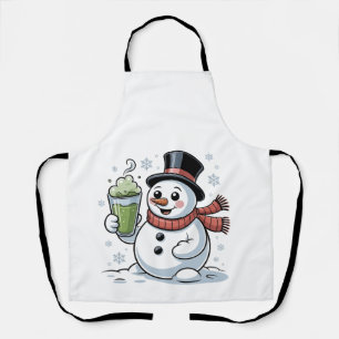 Schneemann hält Matcha-Getränk Weihnachten  Schürze