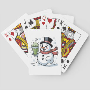 Schneemann hält Matcha-Getränk Weihnachten Spielkarten