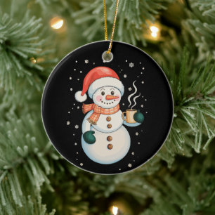 Schneemann Heißer Kaffee Weihnachtsmann Hut Winter Keramik Ornament