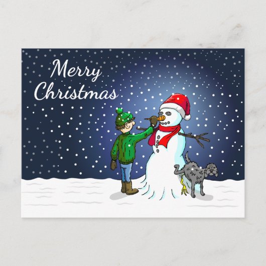 Schneemann, Hund und Junge Weihnachtskarte Postkarte (Vorderseite)