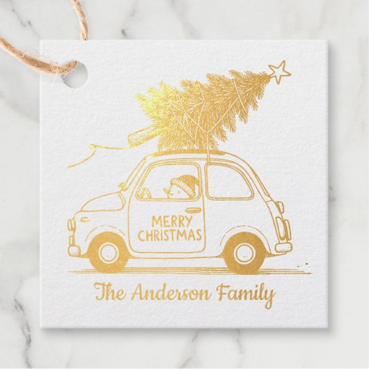 Schneemann im Auto | Frohe Weihnachtsfoil-Liebesma Geschenkanhänger (Vorderseite)