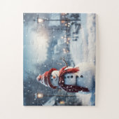 Schneemann im Dorf. Winterszene. Puzzle (Vertikal)