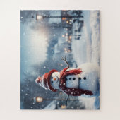 Schneemann im Dorf. Winterszene. Puzzle (Vertikal)