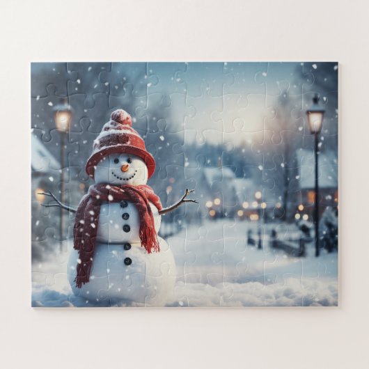 Schneemann im Dorf. Winterszene. Puzzle (Horizontal)
