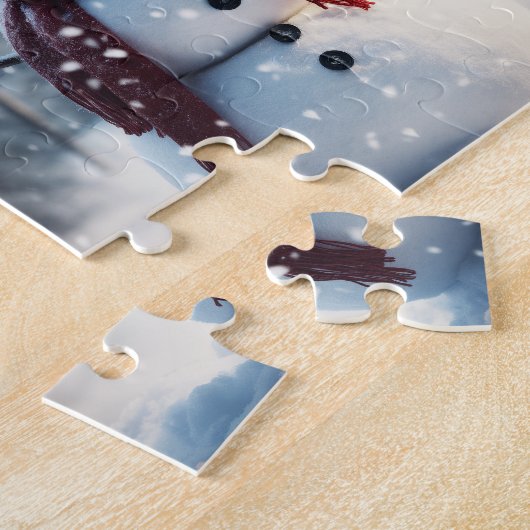 Schneemann im Dorf. Winterszene. Puzzle (Seite)