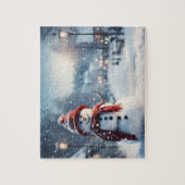 Schneemann im Dorf. Winterszene. Puzzle (Vertikal)
