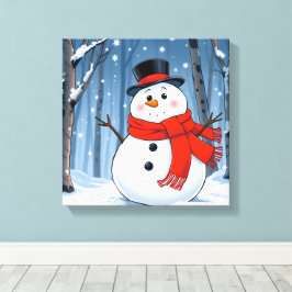 Schneemann im kalten Wald mit rotem Schal Leinwanddruck