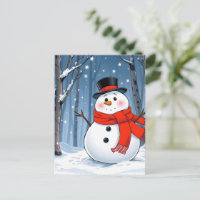 Schneemann im kalten Wald mit rotem Schal