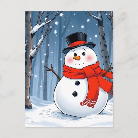 Schneemann im kalten Wald mit rotem Schal Postkarte (Vorderseite)