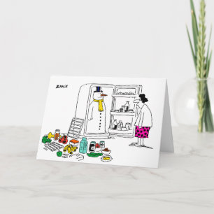 Schneemann im Kühlschrank Weihnachtskarte Feiertagskarte