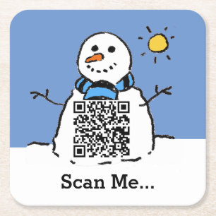 Schneemann im Sonnenschein mit QR-Code Rechteckiger Pappuntersetzer