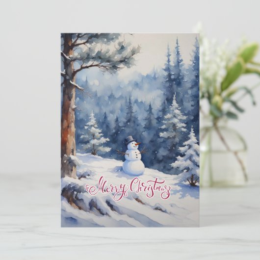 Schneemann im Wald Feiertagskarte (Stehend Vorderseite)
