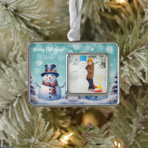 Schneemann im Winterwald Foto   Teal Rahmen-Ornament Silber