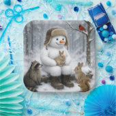 Schneemann im Winterwald mit tierischen Freunden Pappteller (Party)