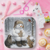 Schneemann im Winterwald mit tierischen Freunden Pappteller (Party)