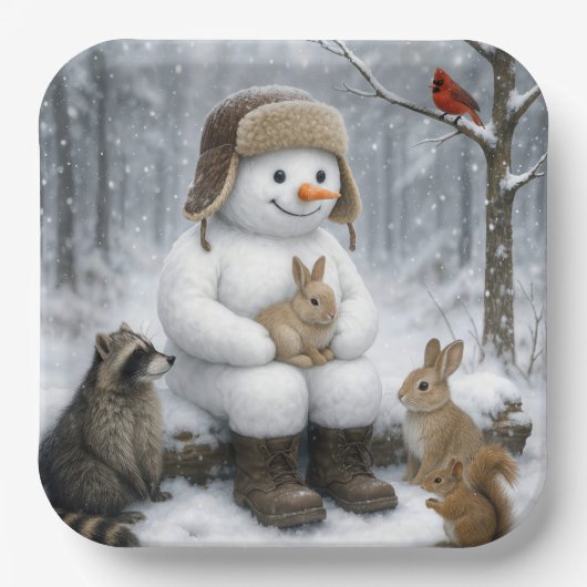 Schneemann im Winterwald mit tierischen Freunden Pappteller (Vorderseite)
