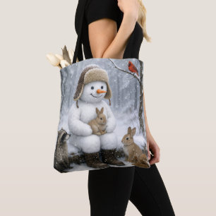 Schneemann im Winterwald mit tierischen Freunden Tasche