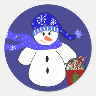 Schneemann in Blau Runder Aufkleber