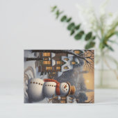 Schneemann in der Vintagen Kunst der Stadt Postkarte (Stehend Vorderseite)