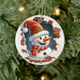 Schneemann in der Weihnachtsmannmütze - 3D Keramik Ornament