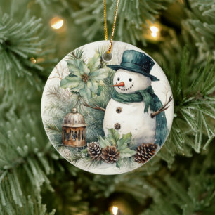 Schneemann in einem Grünen Hut Keramik Ornament