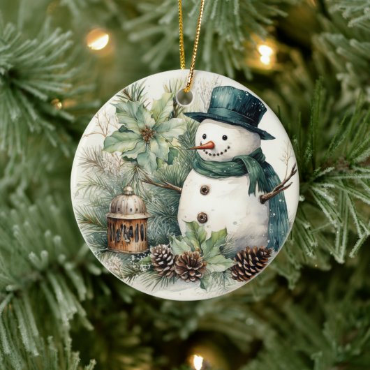 Schneemann in einem Grünen Hut Keramik Ornament (Baum)