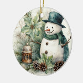Schneemann in einem Grünen Hut Keramik Ornament (Links)