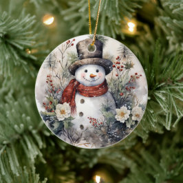 Schneemann in einem Roten Schal Weihnachten Keramik Ornament