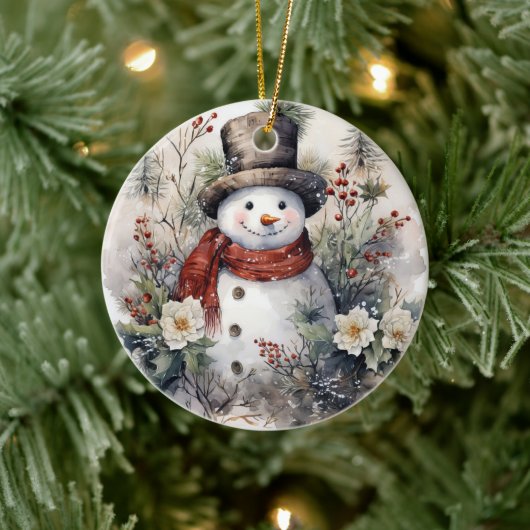 Schneemann in einem Roten Schal Weihnachten Keramik Ornament (Baum)