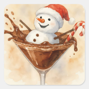 Schneemann in einem Schokoladen-Martini zu Weihnac Quadratischer Aufkleber