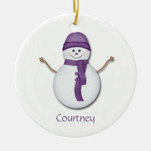 Schneemann in lila Schal und Hut Weihnachtsbaumanh Keramikornament
