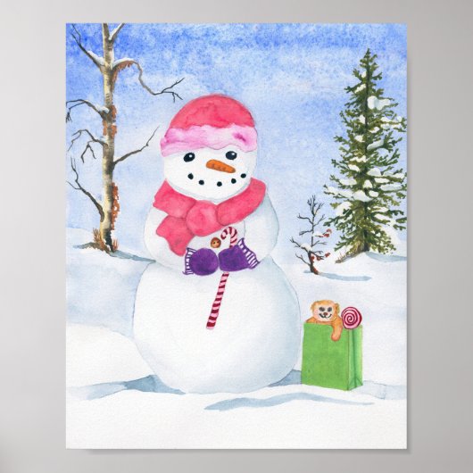 Schneemann in rosa Schal Winterszene Aquarell Poster (Vorne)