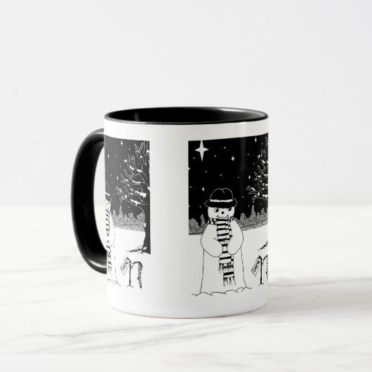 Schneemann in Schwarzweiß, Weihnachtsbekleidet Tasse (Vorderseite Links)