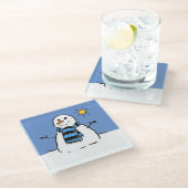Schneemann in Sonnenschein Weihnachten Glasuntersetzer (Schrägansicht)