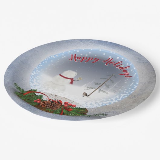 Schneemann in Weihnachten Schneeglobe Pappteller (Schrägansicht)