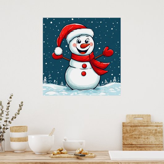 Schneemann in Weihnachtsmannmütze mit Scarf Poster (Küche)