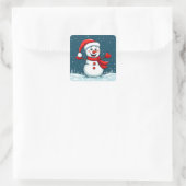 Schneemann in Weihnachtsmannmütze mit Scarf Quadratischer Aufkleber (Tasche)