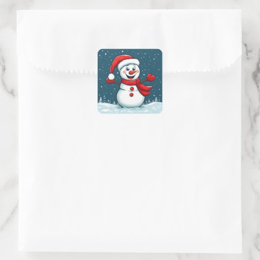 Schneemann in Weihnachtsmannmütze mit Scarf Quadratischer Aufkleber (Tasche)