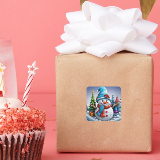 Schneemann in Winterlandschaft - Quadratischer Aufkleber (Party)