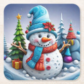 Schneemann in Winterlandschaft - Rechteckiger Pappuntersetzer (Vorderseite)