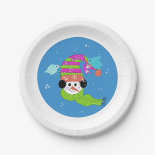 Schneemann Kalter Winter Vögel Papierplatte Pappteller