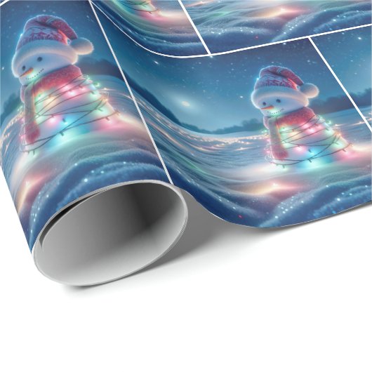 Schneemann krummelte in leuchtenden Weihnachtslich Geschenkpapier (Rolleneckpunkt)