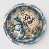 Schneemann Lass es schneien Blau Große Wanduhr (Vorderseite)