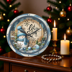 Schneemann Lass es schneien Blau Große Wanduhr
