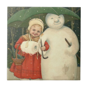 Schneemann Mädchen Regenschirm Schneefall Fliese